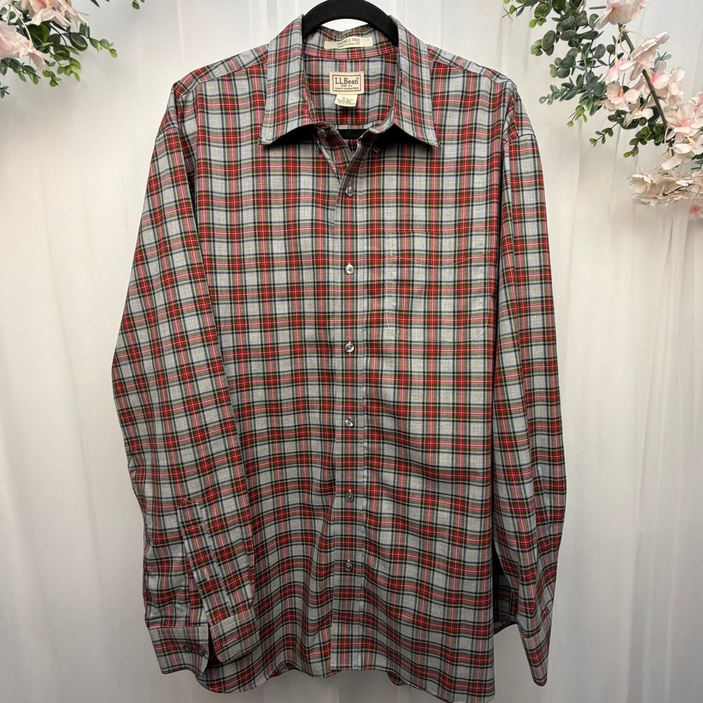 LL Bean Mens XL Plaid Button Down Shirt Wrinkle Free Grey Red 500539 Traditional